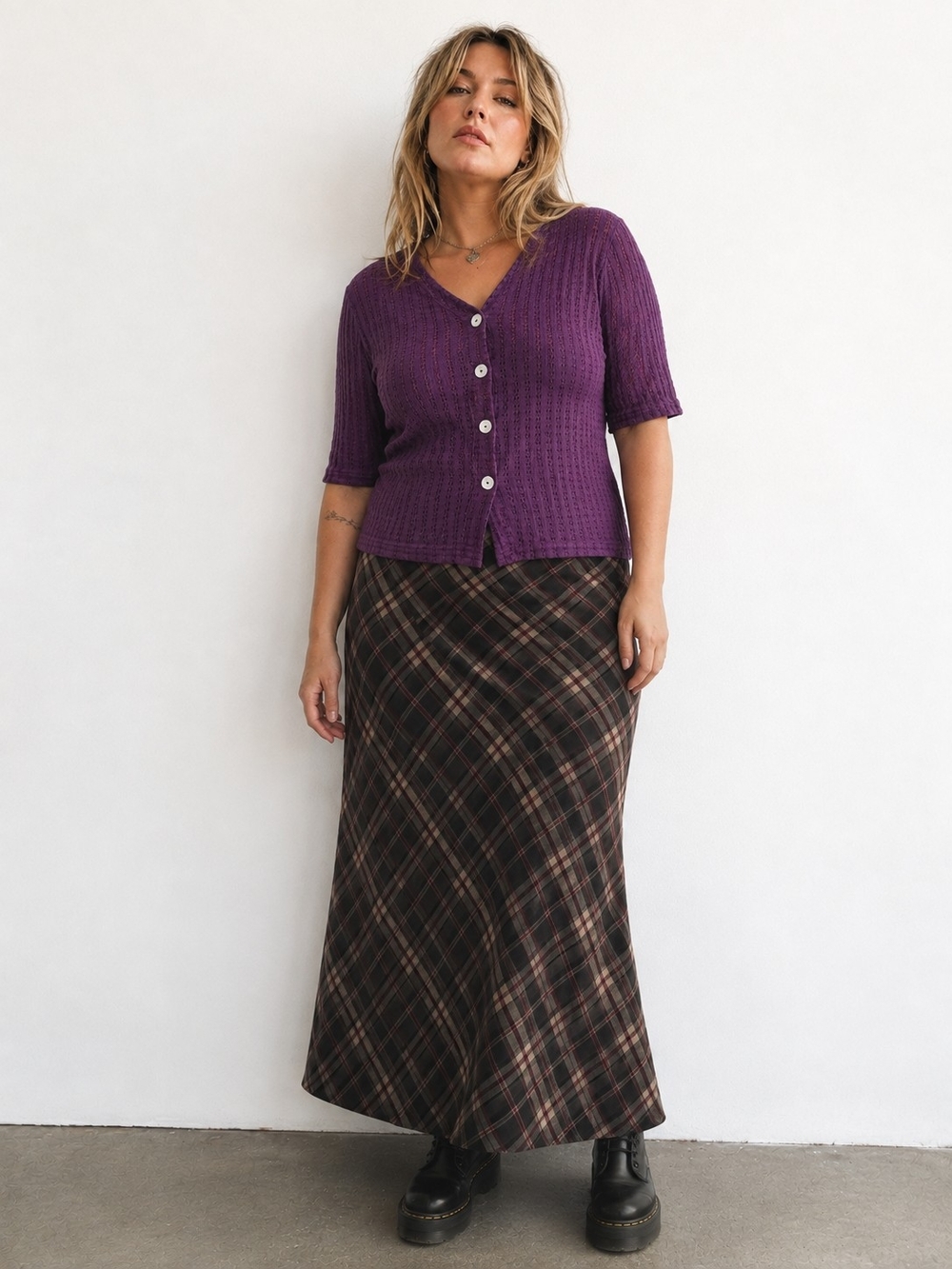 Vintage August Max Women Purple Pointelle V Neck Button Front Knit Top 16W EUC